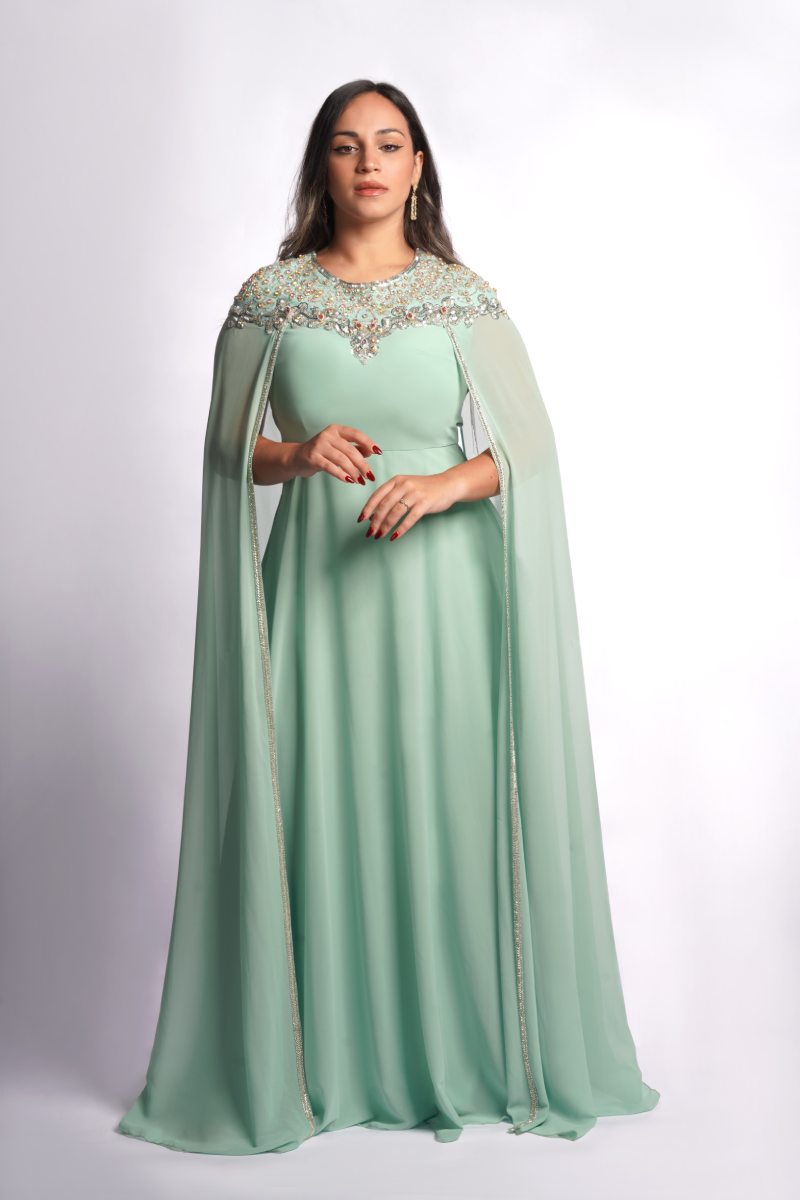 The 'Mint Majesty' Embellished Cape Gown Asli Modest Wear The 'Mint Majesty' Embellished Cape Gown Asli Modest Wear