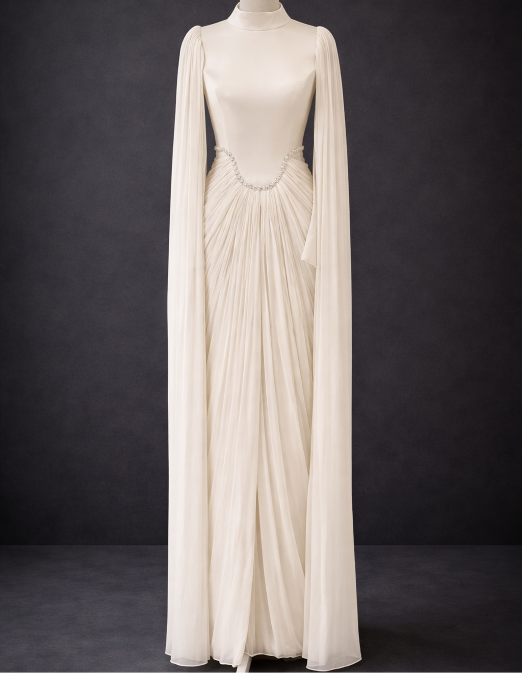 Elegent Evening Dress with Pleats and Embleshed Neckline